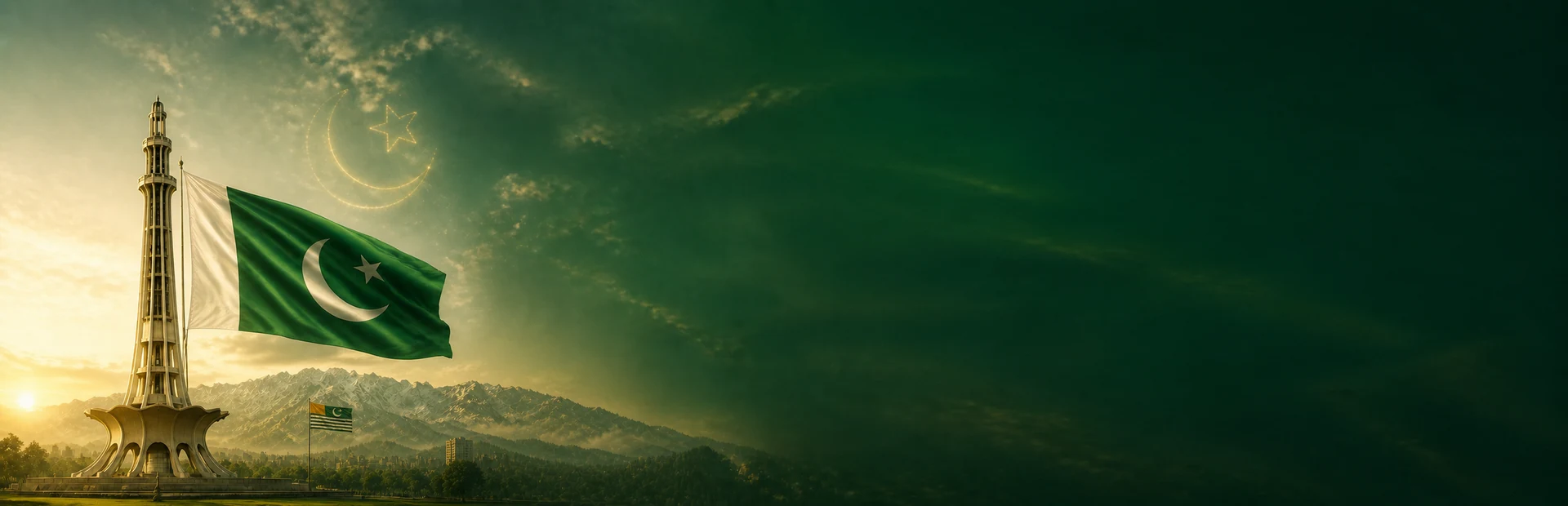 Pakistan flag beside Minar-e-Pakistan, with the Azad Jammu and Kashmir flag among green mountain ridges at sunrise.